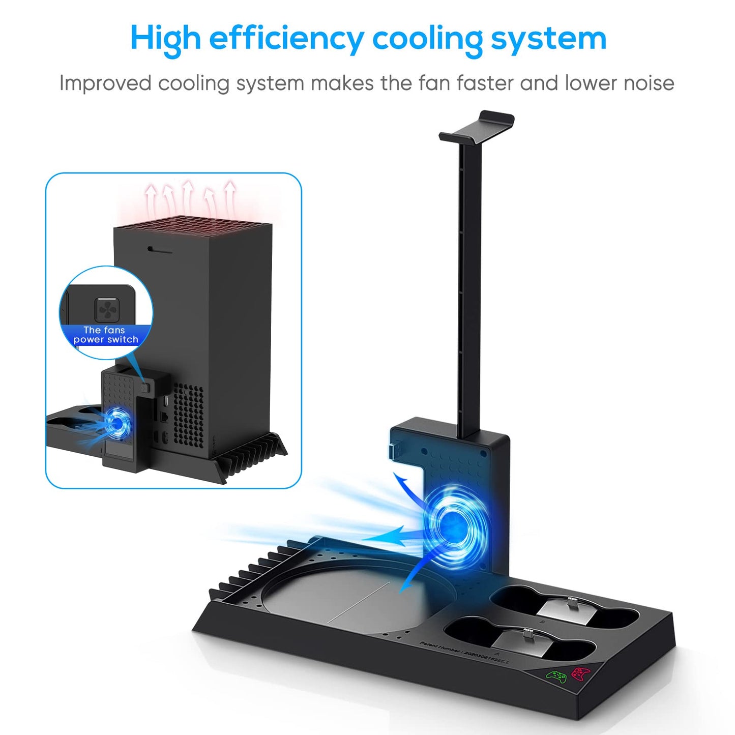 MENEEA Cooling Fan & Charging Stand for Xbox Series X Console and Controller,Vertical Cooler System Dual Charger Station Dock Accessories Kit with 2 x 1400mAh Rechargeable Battery (Black)