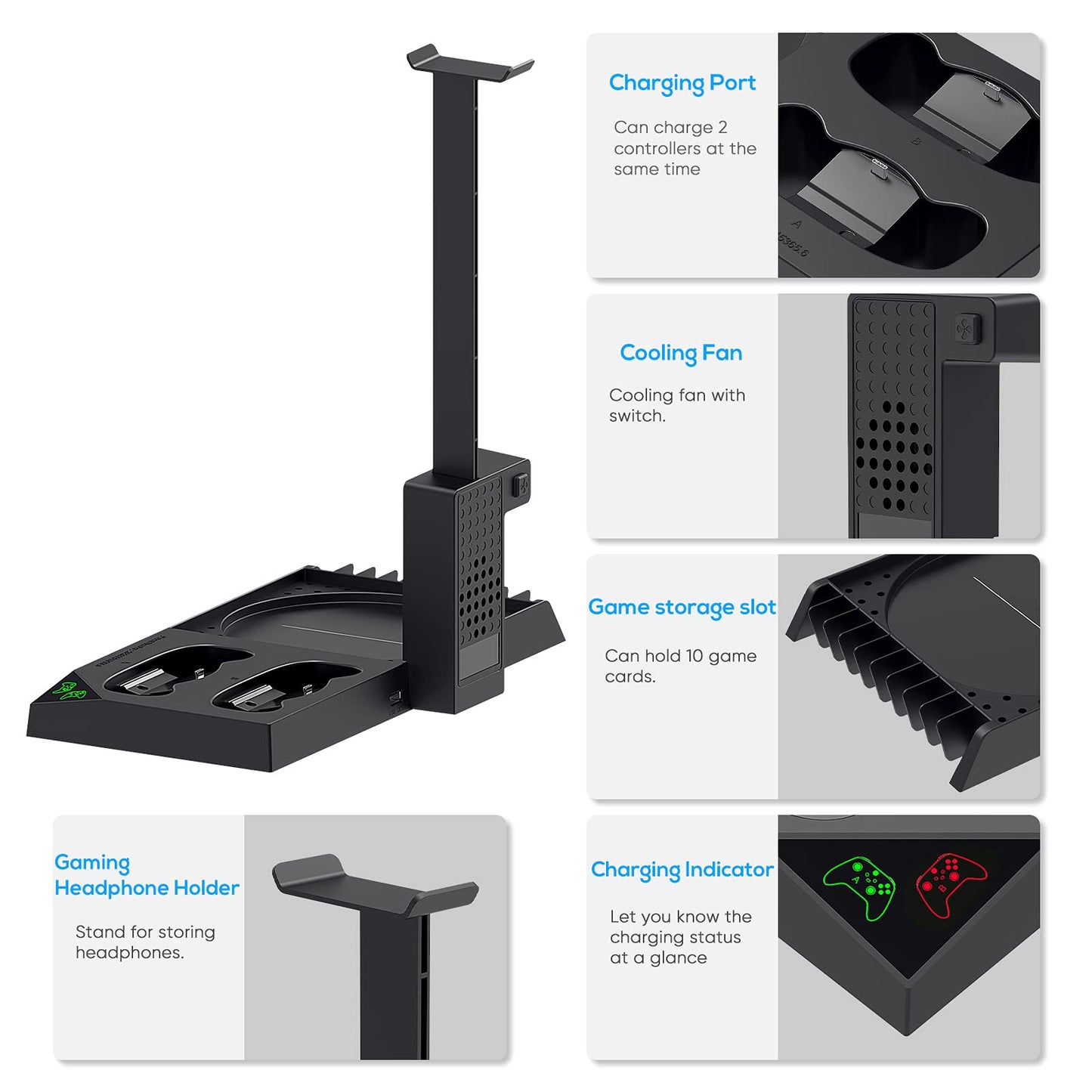 MENEEA Cooling Fan & Charging Stand for Xbox Series X Console and Controller,Vertical Cooler System Dual Charger Station Dock Accessories Kit with 2 x 1400mAh Rechargeable Battery (Black)