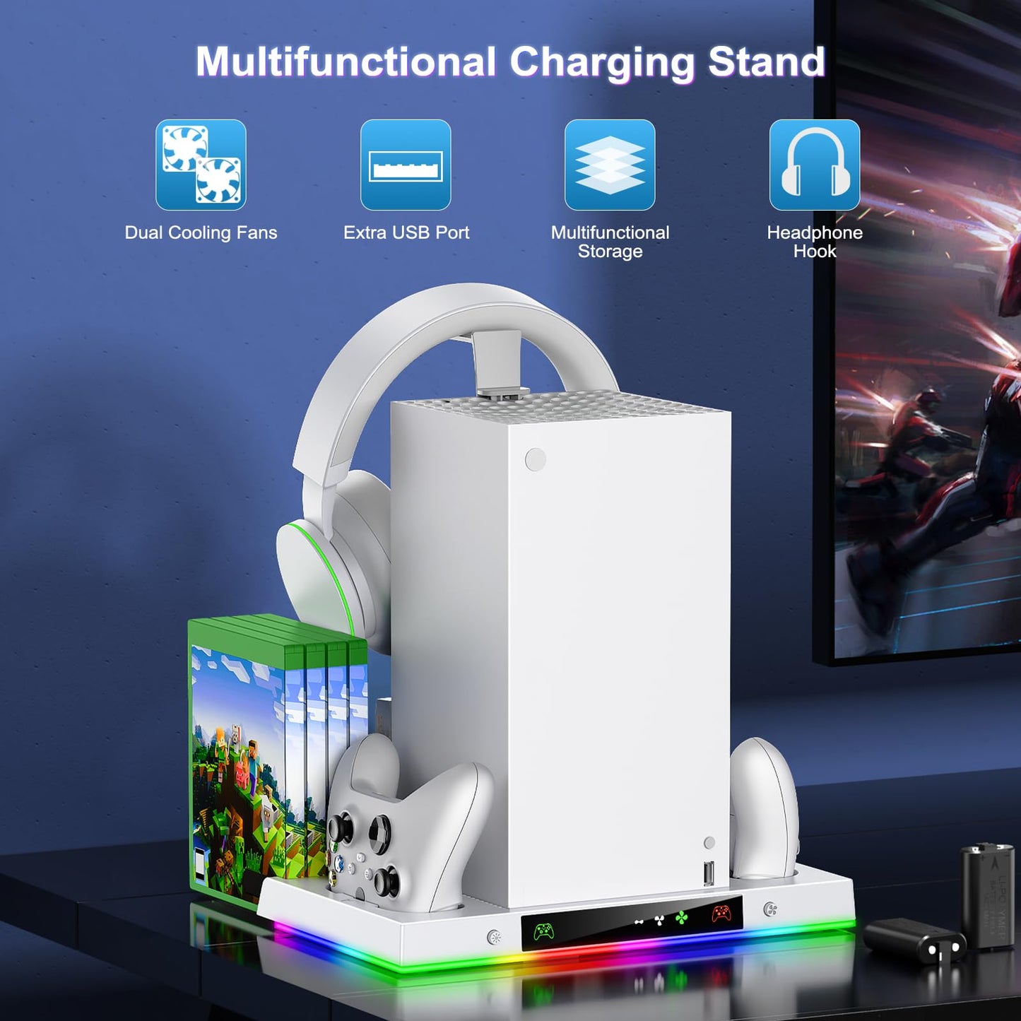 LED Cooling Stand and Charging Station for Xbox Series X Console ＆ Controller, Cooling Fan Station for Xbox Series X Accessories with 2X 1400mAh Rechargeable Battery Pack, 15 Light Modes, Snow White