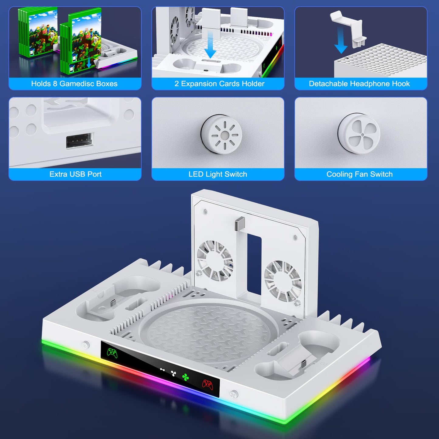 LED Cooling Stand and Charging Station for Xbox Series X Console ＆ Controller, Cooling Fan Station for Xbox Series X Accessories with 2X 1400mAh Rechargeable Battery Pack, 15 Light Modes, Snow White