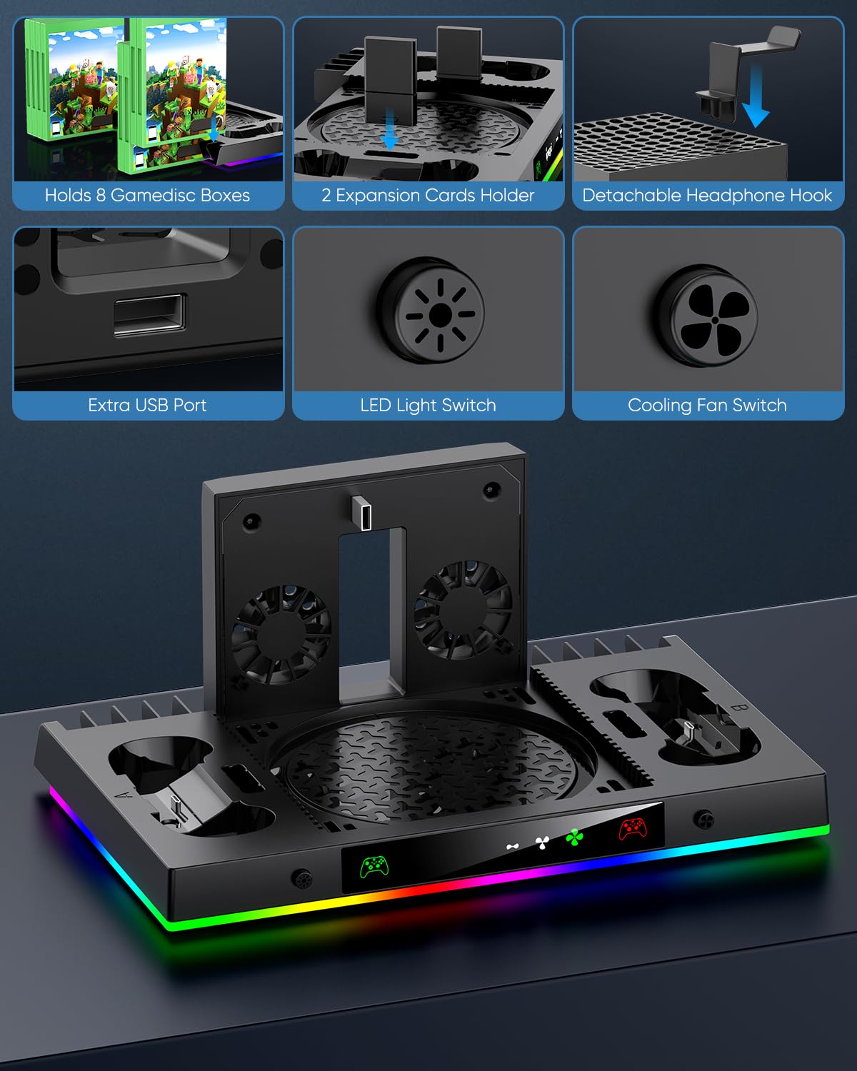 Upgrade Cooling Fan&Dual Charging Stand for Xbox Series X Console&Controller,Cooler Charger Station System for XSX with 15 RGB Light, 2x1400mAh Rechargeable Battery,Disc Accessories Storage (Black)