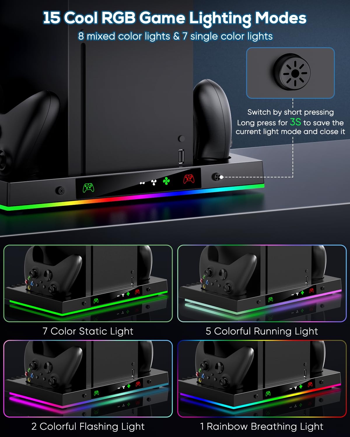 Upgrade Cooling Fan&Dual Charging Stand for Xbox Series X Console&Controller,Cooler Charger Station System for XSX with 15 RGB Light, 2x1400mAh Rechargeable Battery,Disc Accessories Storage (Black)