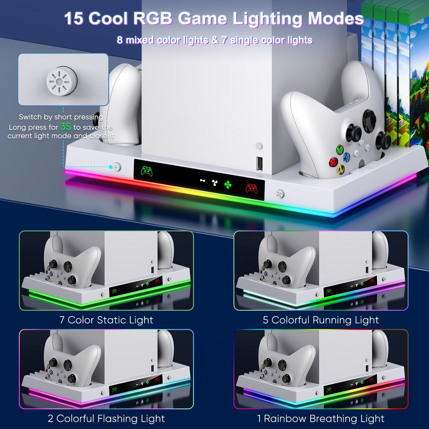 LED Cooling Stand and Charging Station for Xbox Series X Console ＆ Controller, Cooling Fan Station for Xbox Series X Accessories with 2X 1400mAh Rechargeable Battery Pack, 15 Light Modes, Snow White