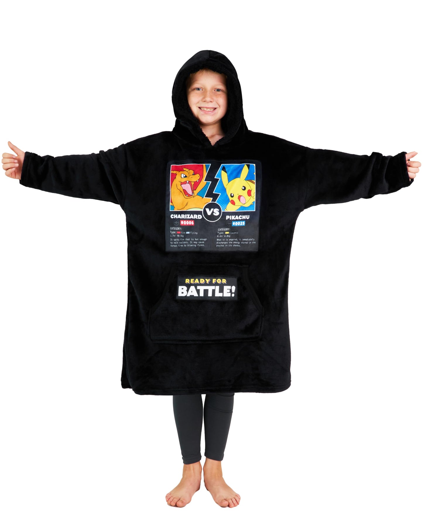 Pokemon Boys Oversized Hoodie with Sherpa-Lined Hood - Blanket Hoodies for Kids (Black Charizard/Pikachu)