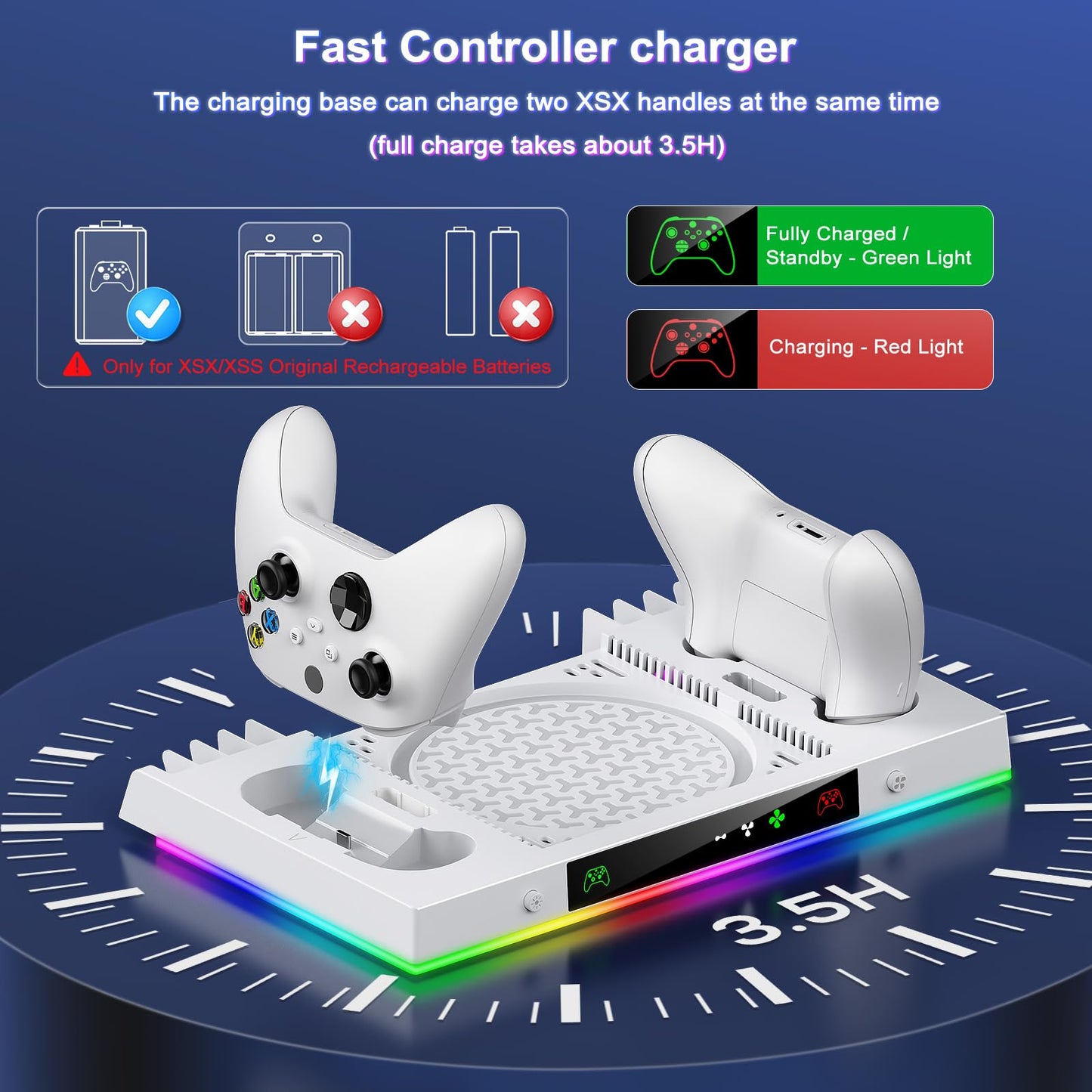 LED Cooling Stand and Charging Station for Xbox Series X Console ＆ Controller, Cooling Fan Station for Xbox Series X Accessories with 2X 1400mAh Rechargeable Battery Pack, 15 Light Modes, Snow White