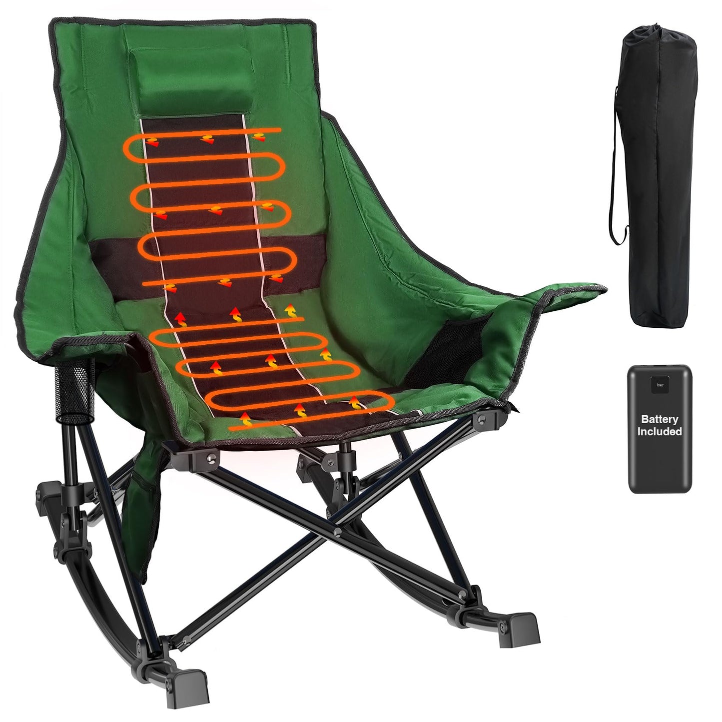 Slendor Oversized Rocking Camping Chair, XL Heated Camping Chair w/ 3 Levels Heat for Back+Seat, Padded Rocking Lawn Chair with 20000 mAh Power Bank, Pillow, Side Pocket, Carry Bag,Green