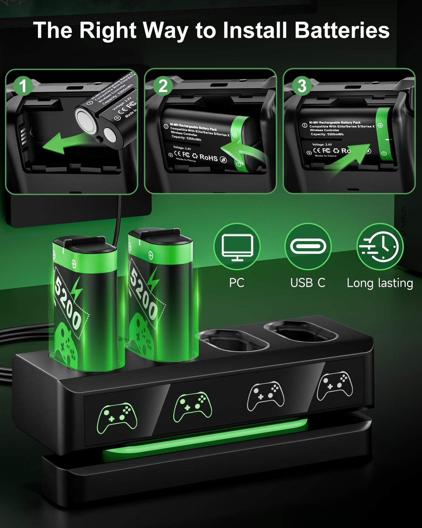 Rechargeable Battery Pack for XboxOne/XboxSeries X|S: 4 x 5200mWh Batteries for Xboxs, Controller Battery Pack Accessories with Controller Charger for XboxOne S|X/Elite (Black)