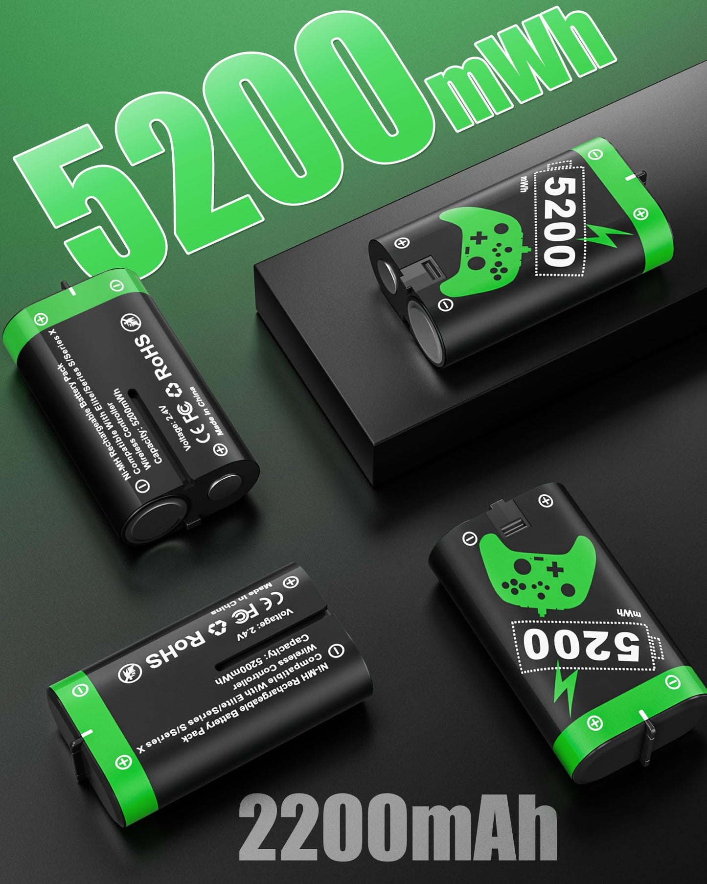 Rechargeable Battery Pack for XboxOne/XboxSeries X|S: 4 x 5200mWh Batteries for Xboxs, Controller Battery Pack Accessories with Controller Charger for XboxOne S|X/Elite (Black)