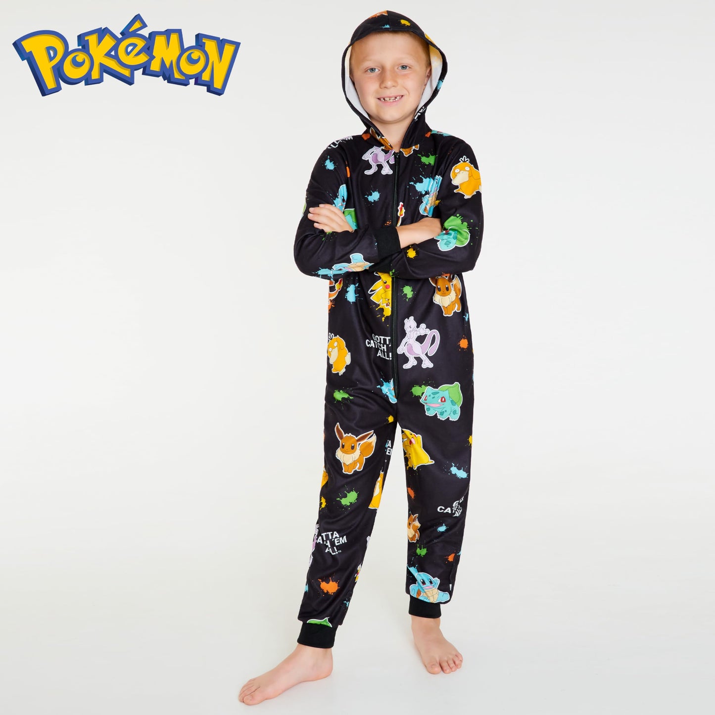 Pokemon Boys Novelty Fleece Sleepsuit, Warm Hooded Fleece - Boys Gifts (Black Aop, 9-10 Years)