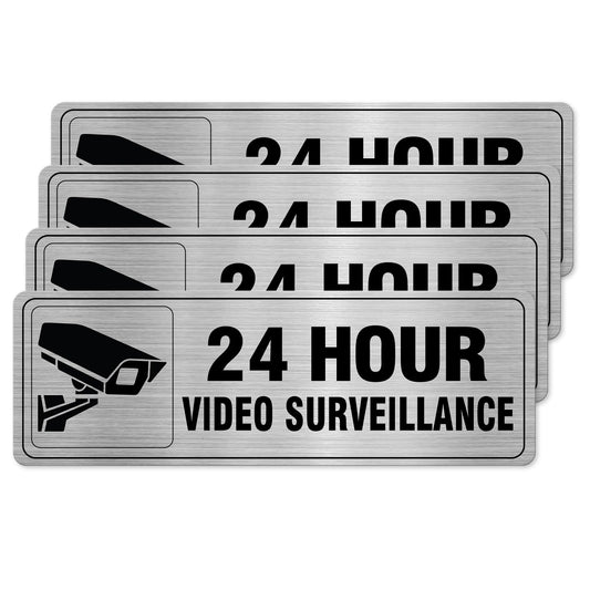 24 Hour Video Surveillance Sign Aluminum Silver 9 x 3 Inches Self-Adhesive Waterproof Metal Door Wall Sign for Business Restaurants 4 Pack