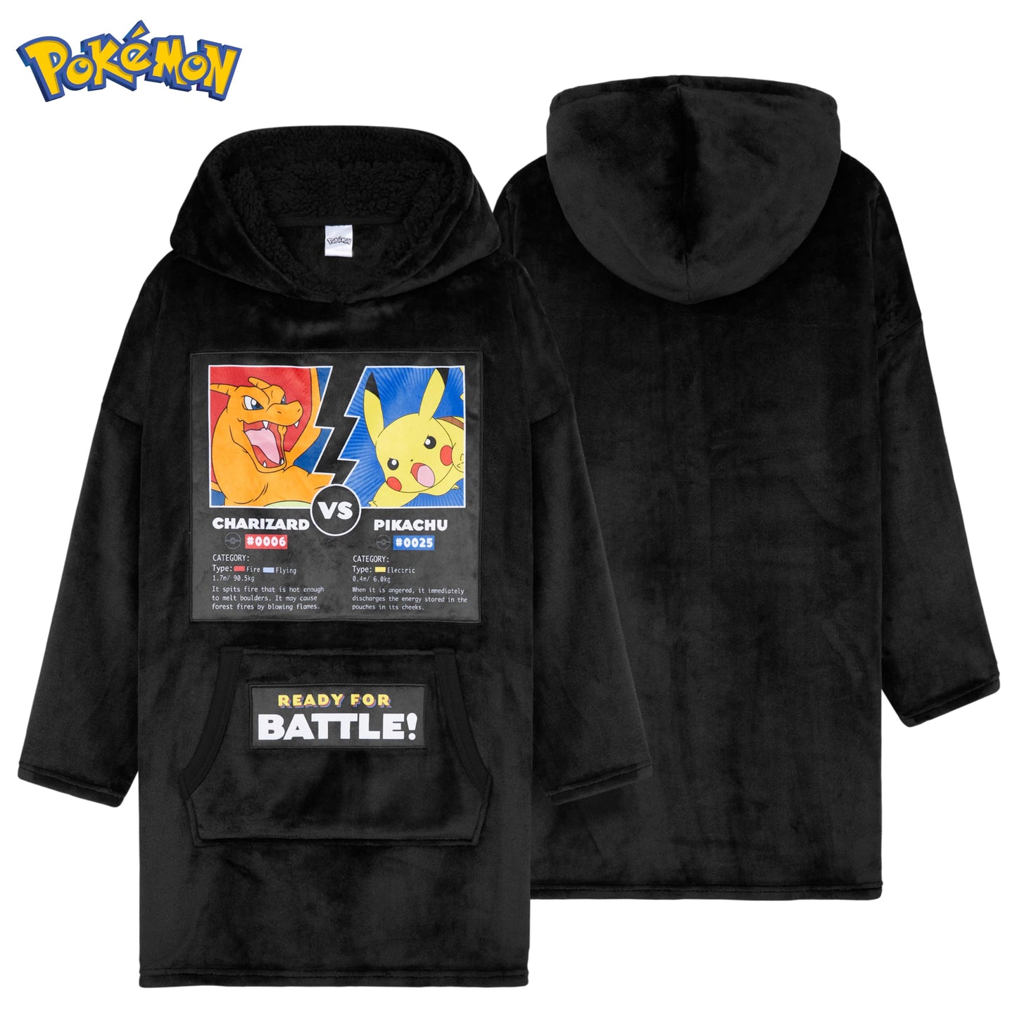 Pokemon Boys Oversized Hoodie with Sherpa-Lined Hood - Blanket Hoodies for Kids (Black Charizard/Pikachu)