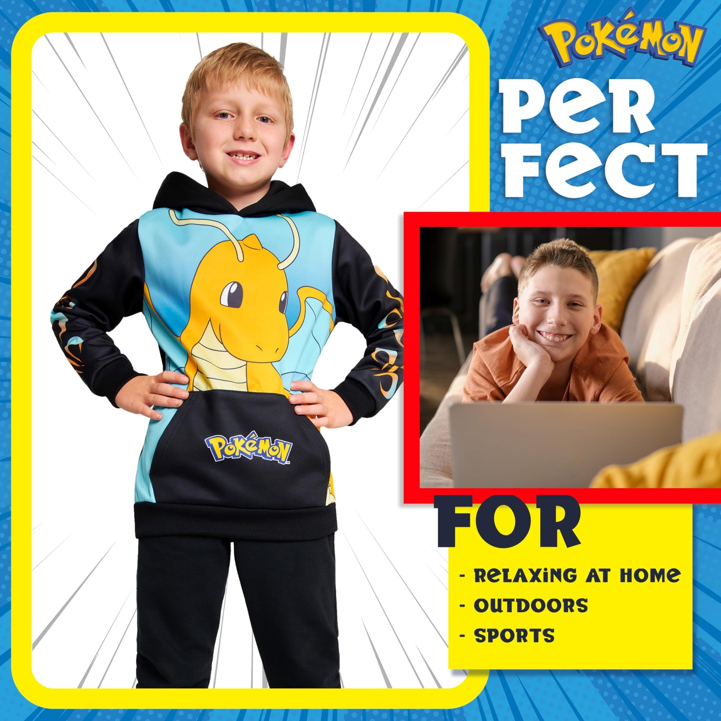 Pokemon Boys Hoodie with Cuffed Sleeves, Kangaroo Pocket - Anime Gifts (Black/Blue Dragonite, 9-10 Years)