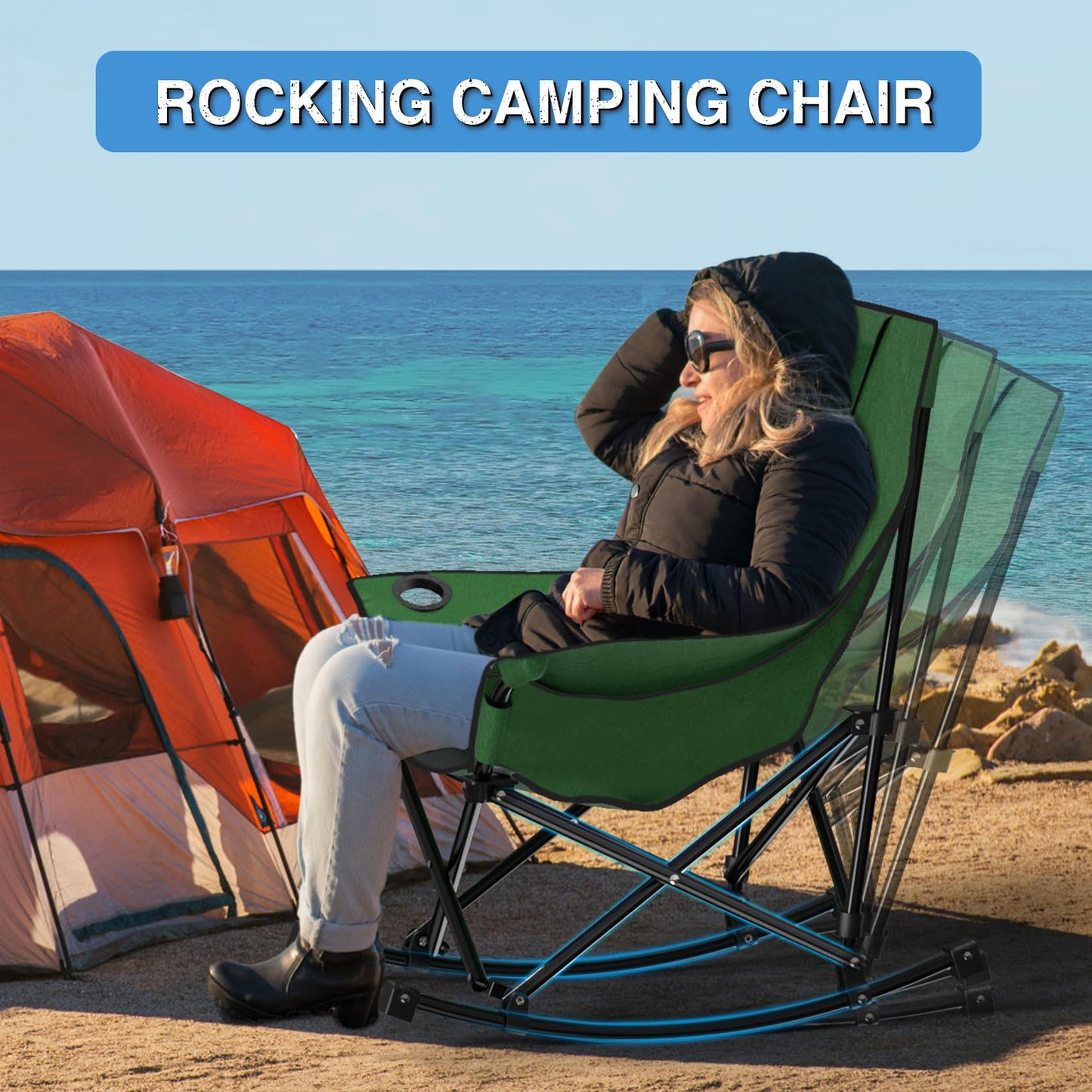 Slendor Oversized Rocking Camping Chair, XL Heated Camping Chair w/ 3 Levels Heat for Back+Seat, Padded Rocking Lawn Chair with 20000 mAh Power Bank, Pillow, Side Pocket, Carry Bag,Green