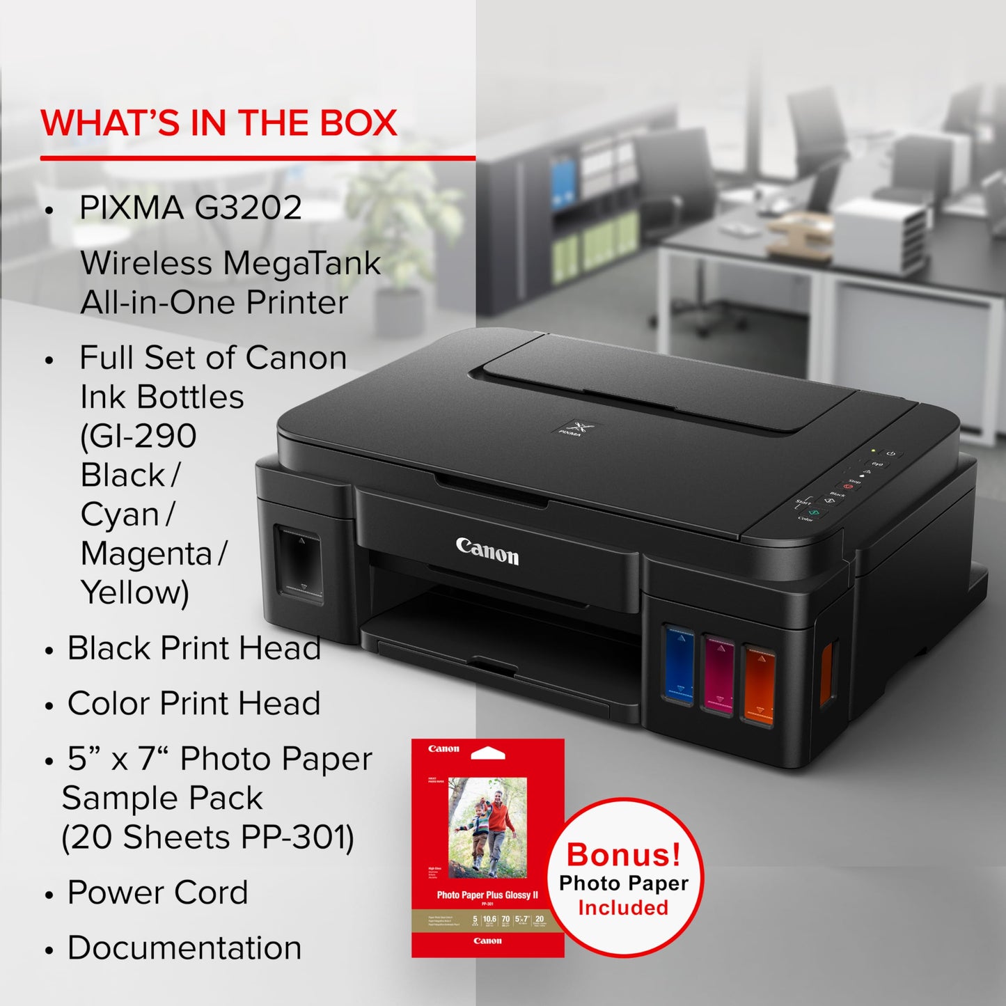 Canon PIXMA G3202 - MegaTank, Wireless All-in-One Printer