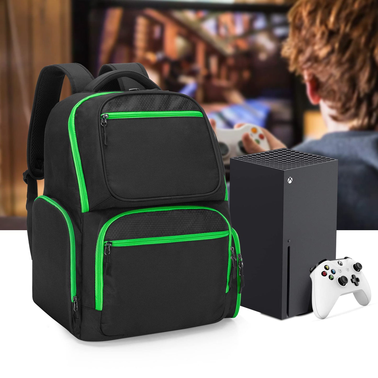 Trunab Travel Backpack Compatible with Xbox Series X Carrying Case Game Storage Bag with 2 Inner Spaces for Xbox X/S Console, Multiple Pockets for 15.6” Laptop and Other Gaming Accessories, Black