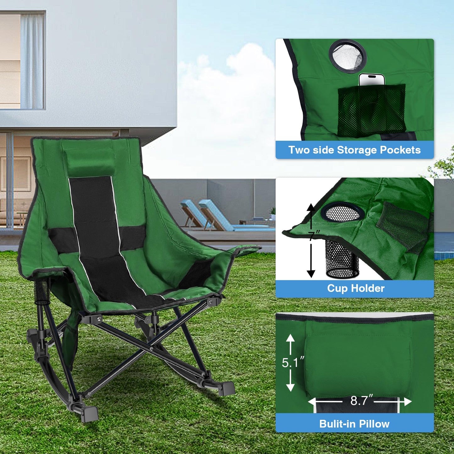 Slendor Oversized Rocking Camping Chair, XL Heated Camping Chair w/ 3 Levels Heat for Back+Seat, Padded Rocking Lawn Chair with 20000 mAh Power Bank, Pillow, Side Pocket, Carry Bag,Green