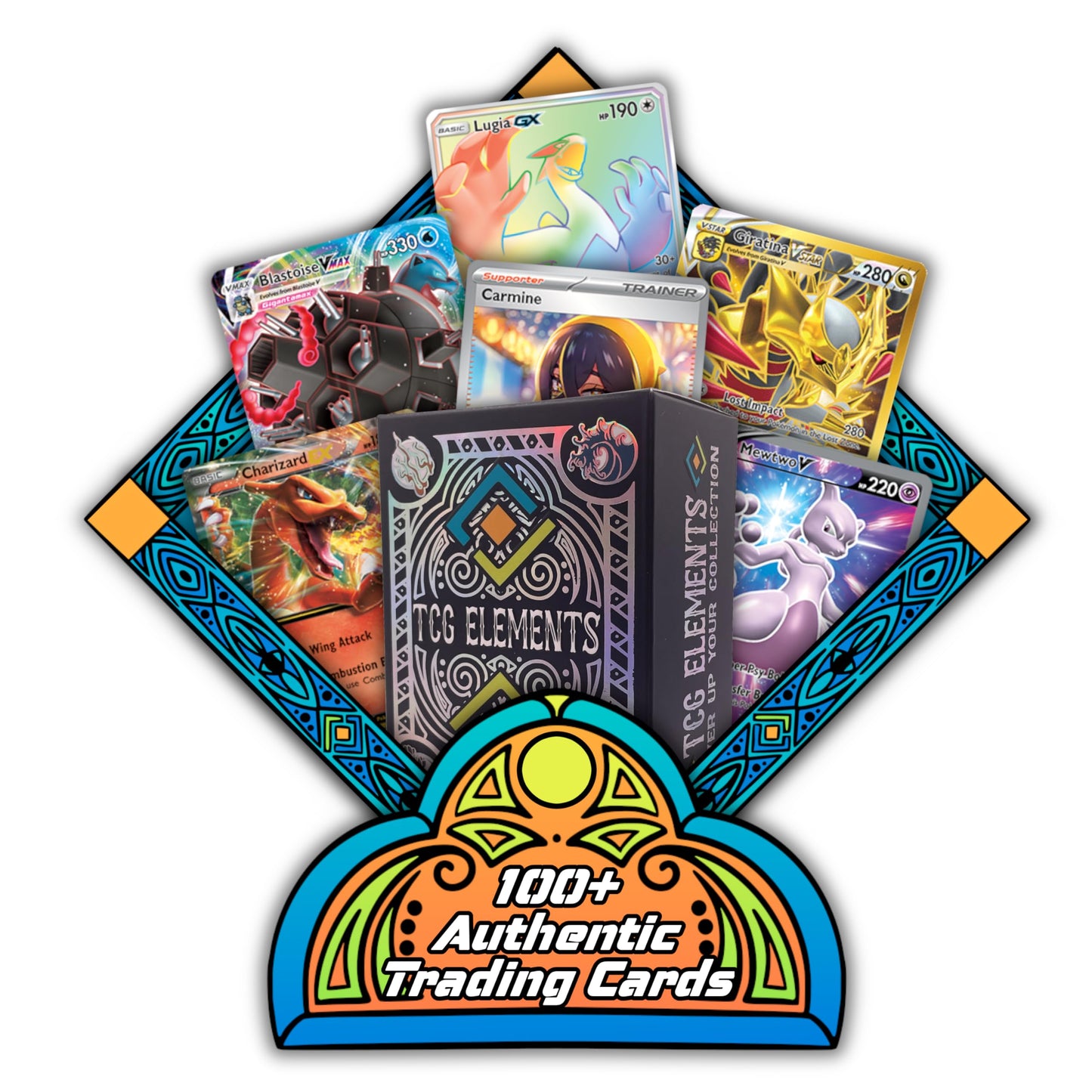 TCG Elements Deck Box- Poke Bundle 100 Cards, 2- Legendary/Vstar/Vmax/V/GX/EX/Radiant/Full Art, 10 Foils, 90 Common/Uncommon Cards, Deck Box Included