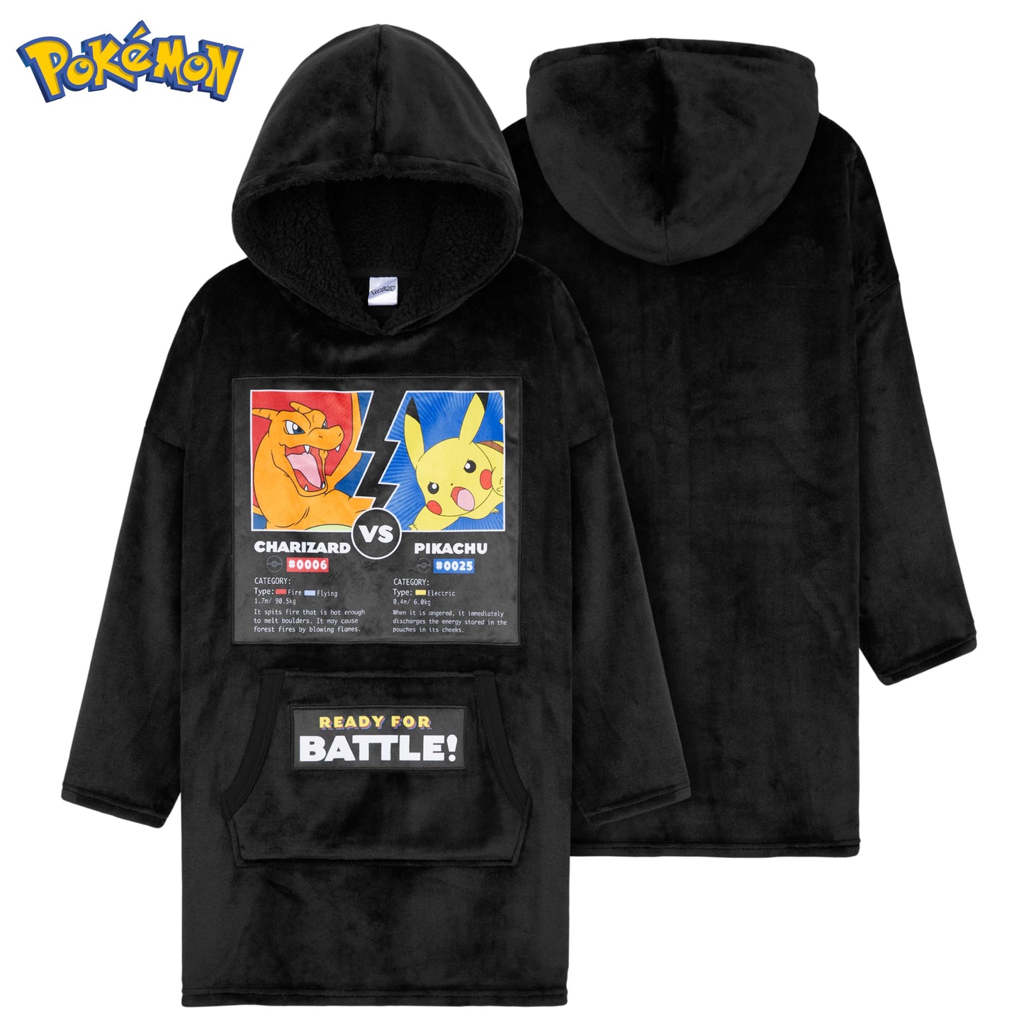 Pokemon Boys Oversized Hoodie with Sherpa-Lined Hood - Blanket Hoodies for Kids (Black Charizard/Pikachu)