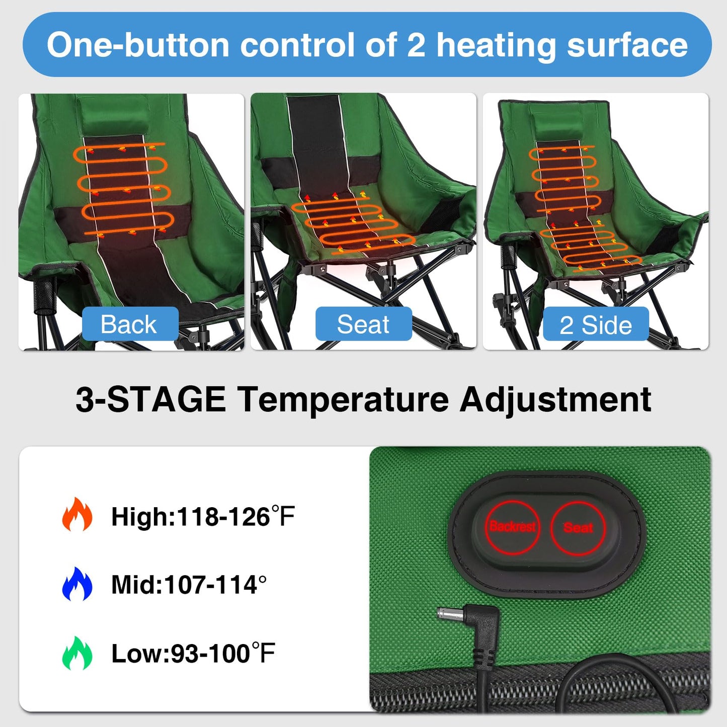 Slendor Oversized Rocking Camping Chair, XL Heated Camping Chair w/ 3 Levels Heat for Back+Seat, Padded Rocking Lawn Chair with 20000 mAh Power Bank, Pillow, Side Pocket, Carry Bag,Green