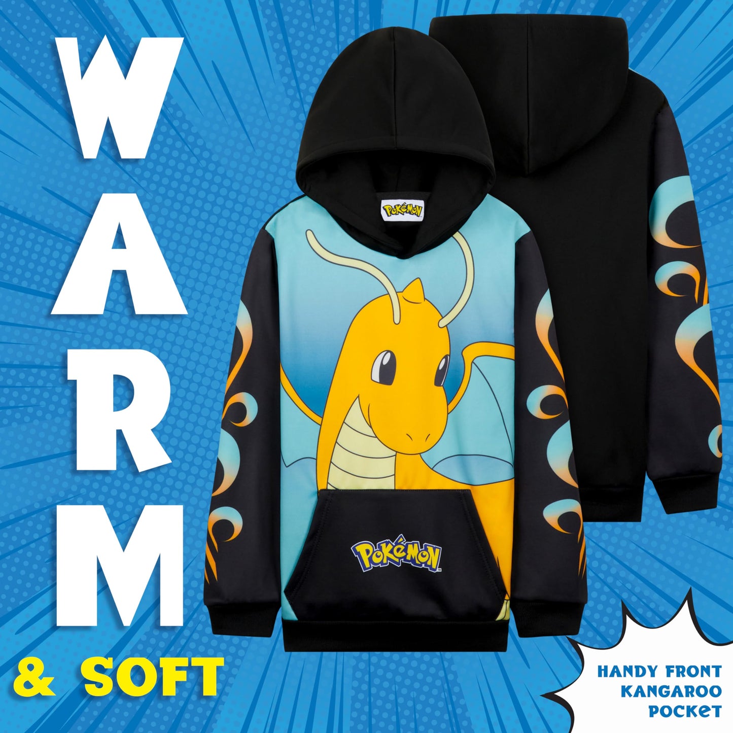 Pokemon Boys Hoodie with Cuffed Sleeves, Kangaroo Pocket - Anime Gifts (Black/Blue Dragonite, 9-10 Years)