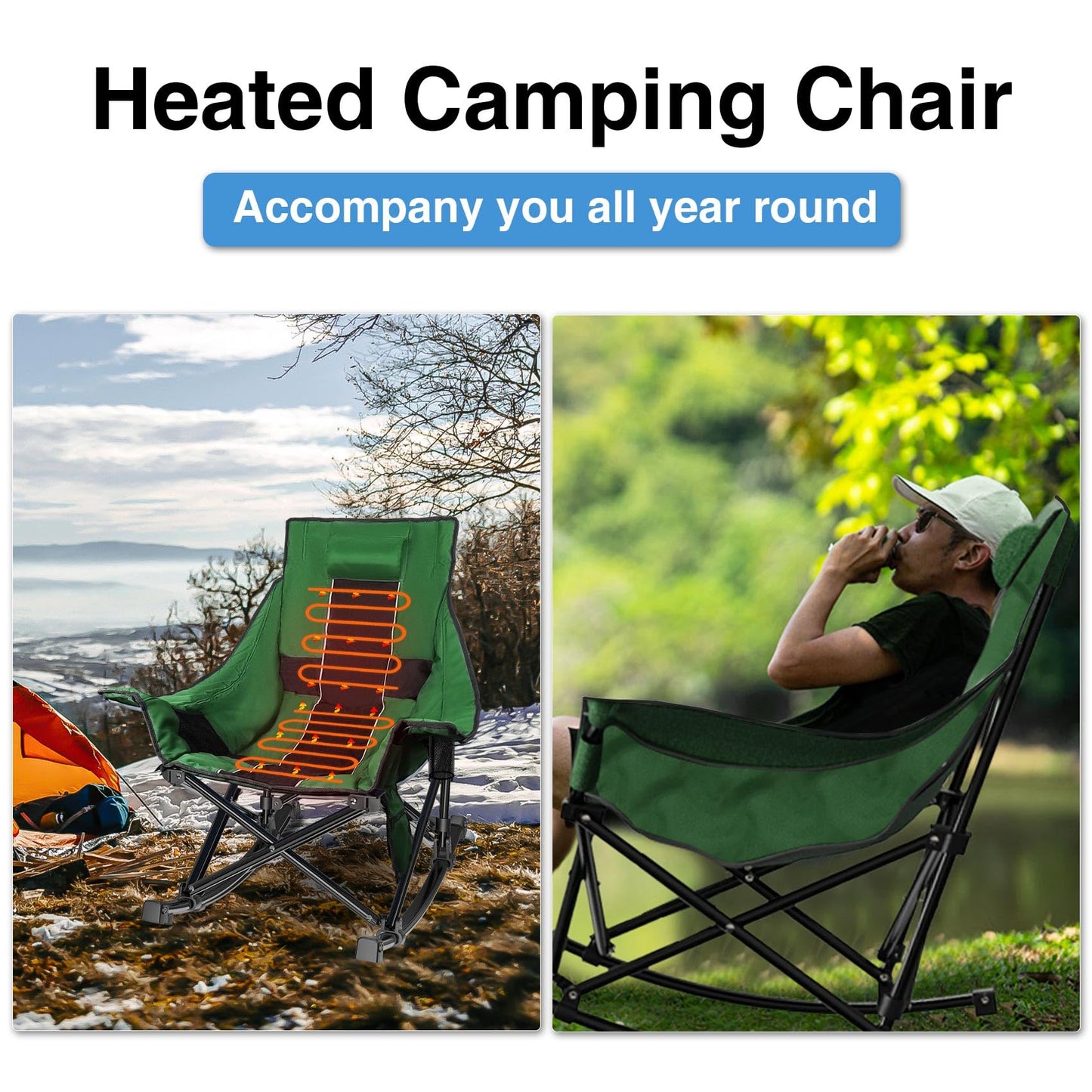 Slendor Oversized Rocking Camping Chair, XL Heated Camping Chair w/ 3 Levels Heat for Back+Seat, Padded Rocking Lawn Chair with 20000 mAh Power Bank, Pillow, Side Pocket, Carry Bag,Green