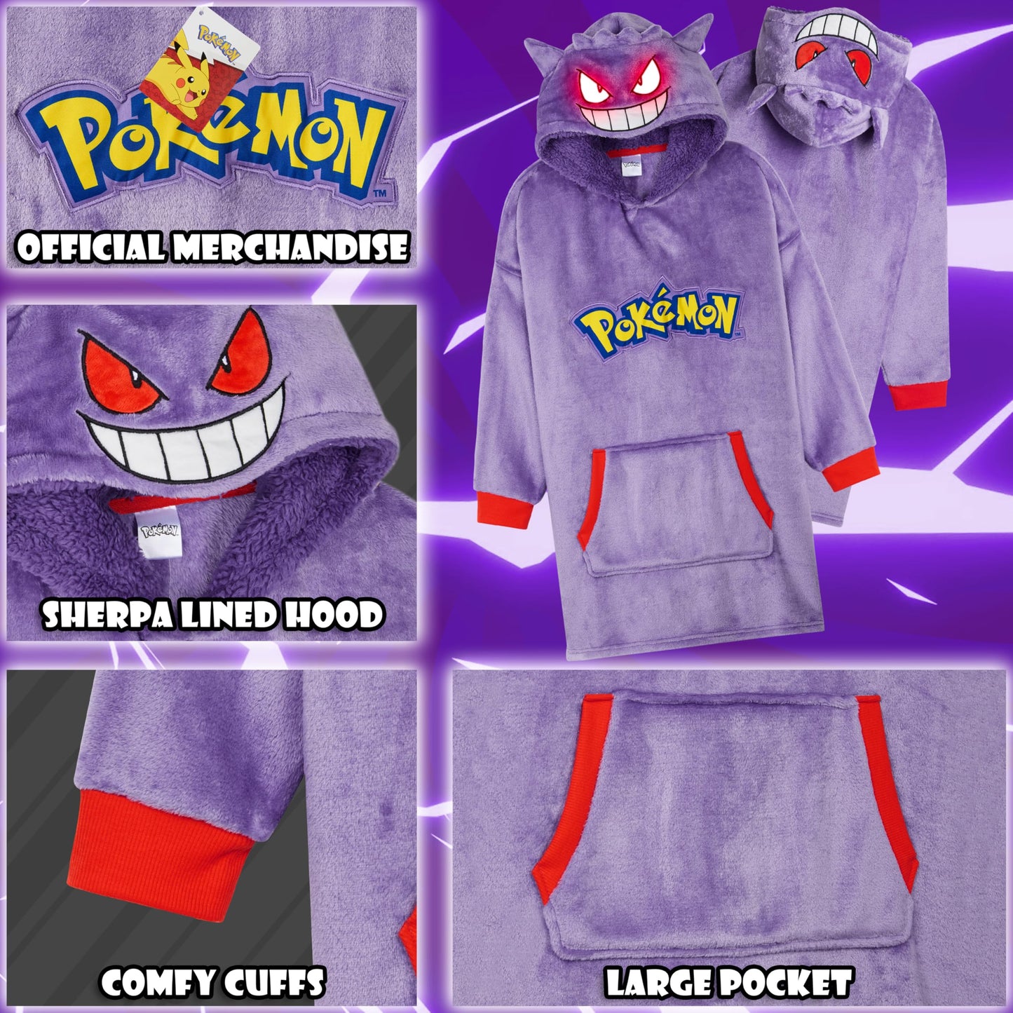 Pokemon Boys Oversized Hoodie with Sherpa-Lined Hood - Blanket Hoodies for Kids (Purple Gengar)