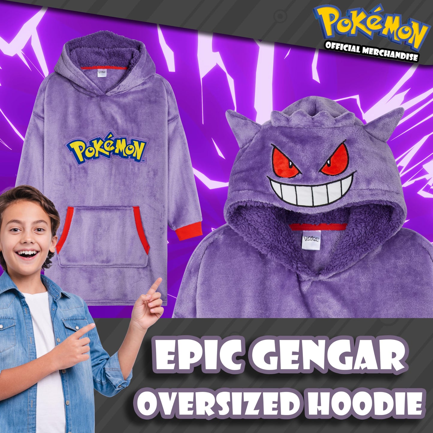 Pokemon Boys Oversized Hoodie with Sherpa-Lined Hood - Blanket Hoodies for Kids (Purple Gengar)