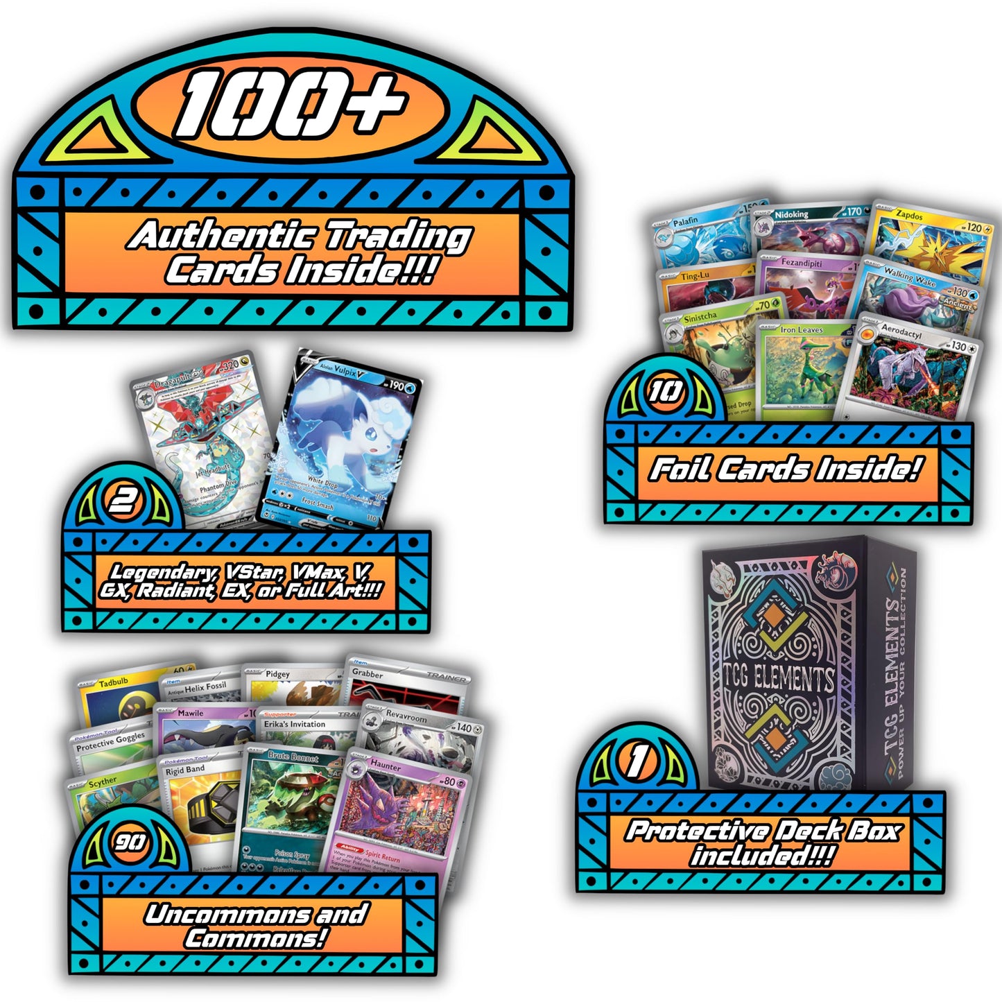 TCG Elements Deck Box- Poke Bundle 100 Cards, 2- Legendary/Vstar/Vmax/V/GX/EX/Radiant/Full Art, 10 Foils, 90 Common/Uncommon Cards, Deck Box Included