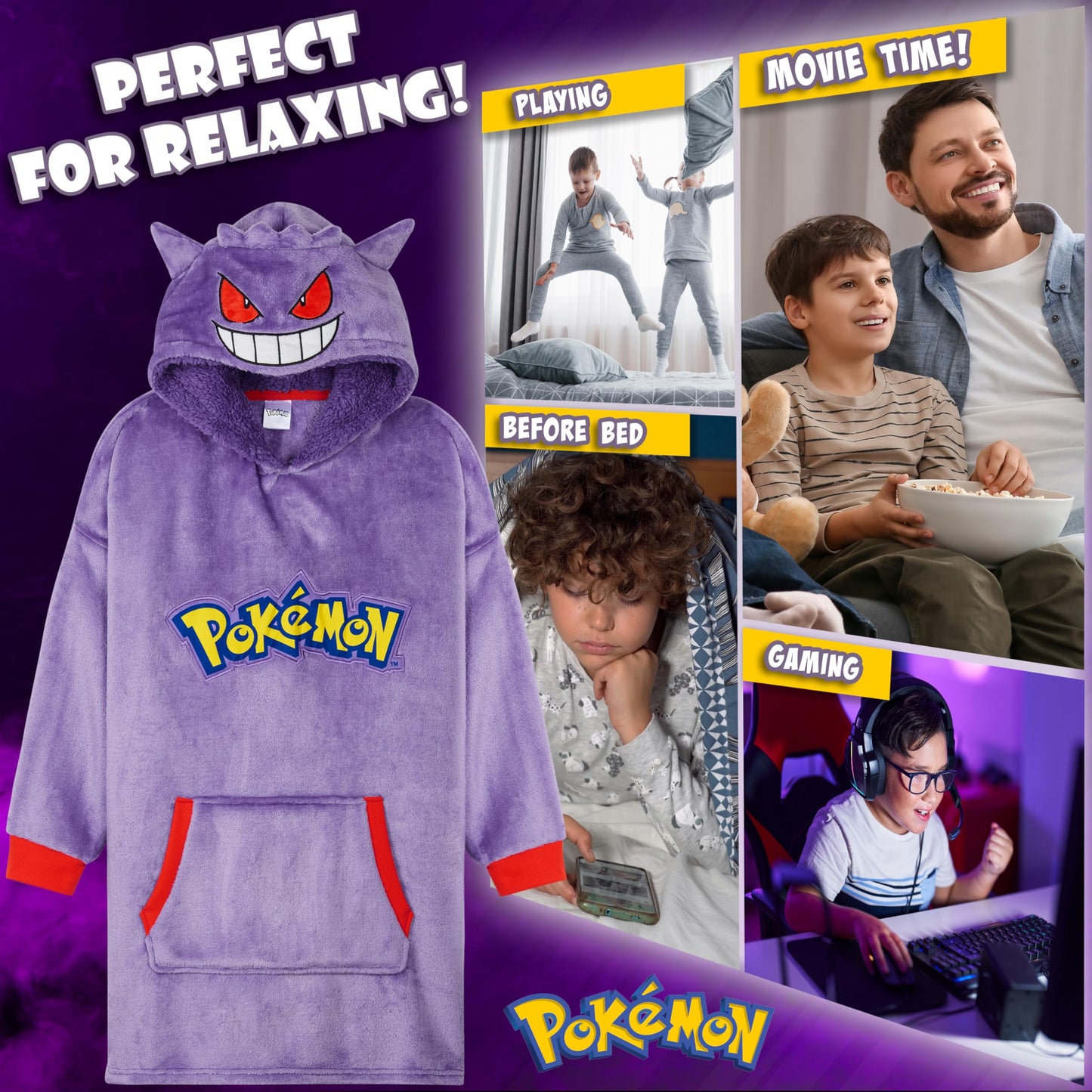 Pokemon Boys Oversized Hoodie with Sherpa-Lined Hood - Blanket Hoodies for Kids (Purple Gengar)