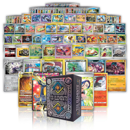 TCG Elements Deck Box- Poke Bundle 100 Cards, 2- Legendary/Vstar/Vmax/V/GX/EX/Radiant/Full Art, 10 Foils, 90 Common/Uncommon Cards, Deck Box Included