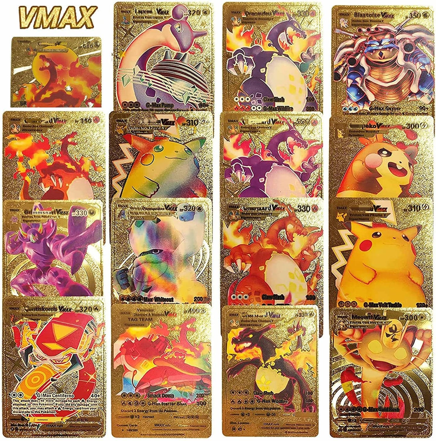 Ultra Rare 55 PCS Gold Cards Packs Vmax DX GX Rare Golden Cards TCG Deck Box Gold Foil Card for Kids Birthday Party Favors Gifts (No Duplicates)