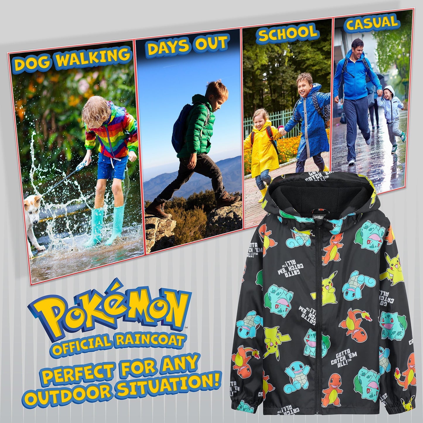 Pokemon Kids Waterproof Jacket - Fleece Lined Rain Coat - Pikachu Official Merchandise - 4-14 Years Kids Teenagers (Black Aop, 9-10 Years)