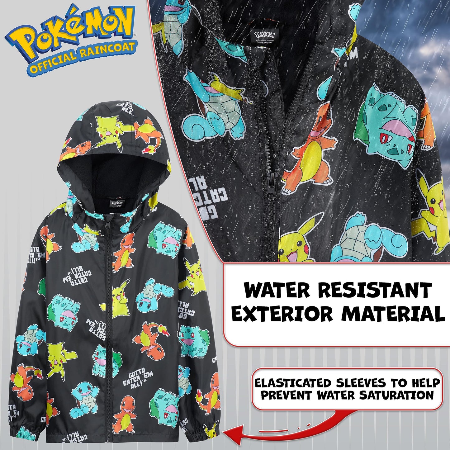 Pokemon Kids Waterproof Jacket - Fleece Lined Rain Coat - Pikachu Official Merchandise - 4-14 Years Kids Teenagers (Black Aop, 9-10 Years)