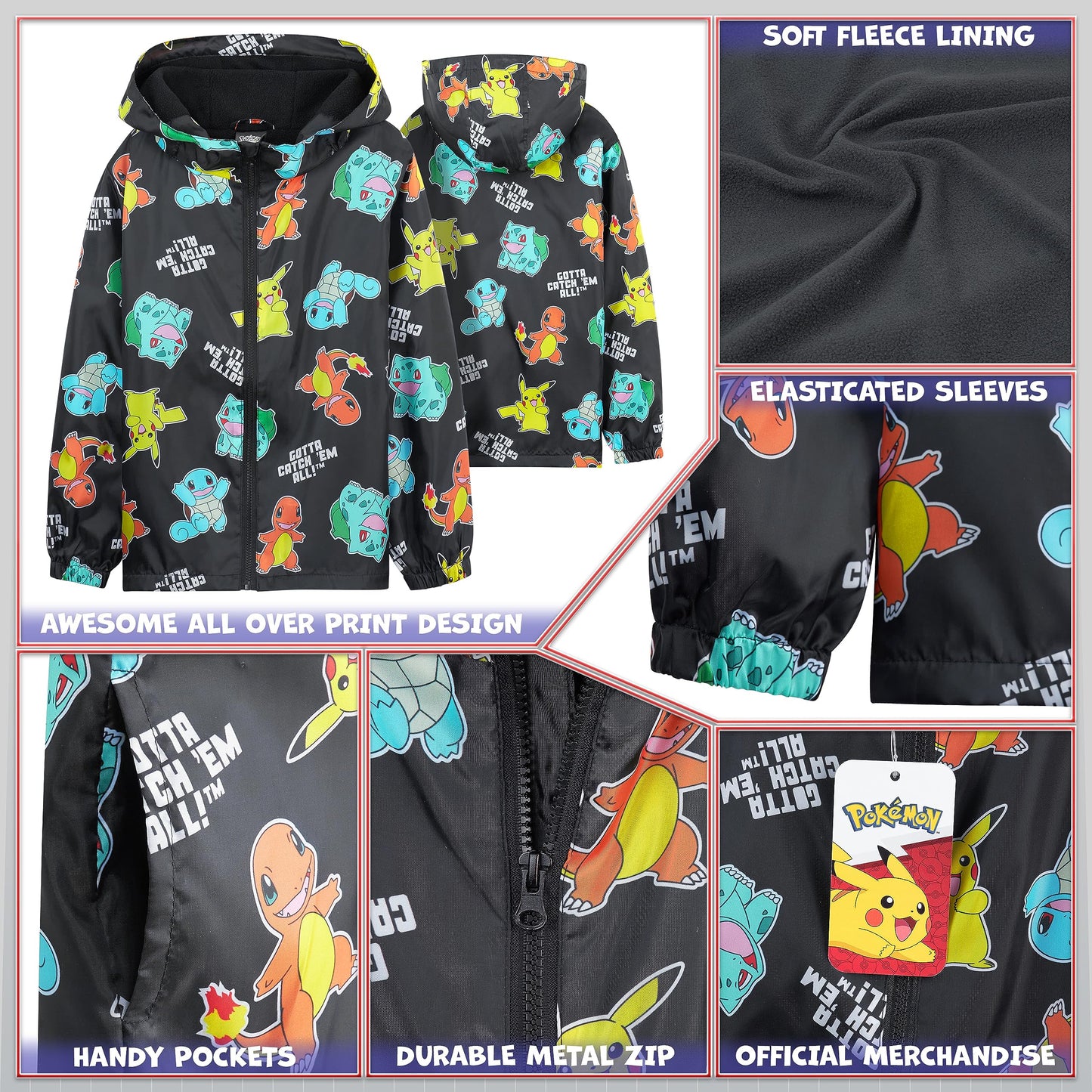 Pokemon Kids Waterproof Jacket - Fleece Lined Rain Coat - Pikachu Official Merchandise - 4-14 Years Kids Teenagers (Black Aop, 9-10 Years)