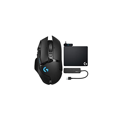 Logitech G502 Lightspeed Wireless Hero Gaming Mouse Bundle with PowerPlay Wireless Charging System and 4-Port 3.0 USB Hub (3 Items)