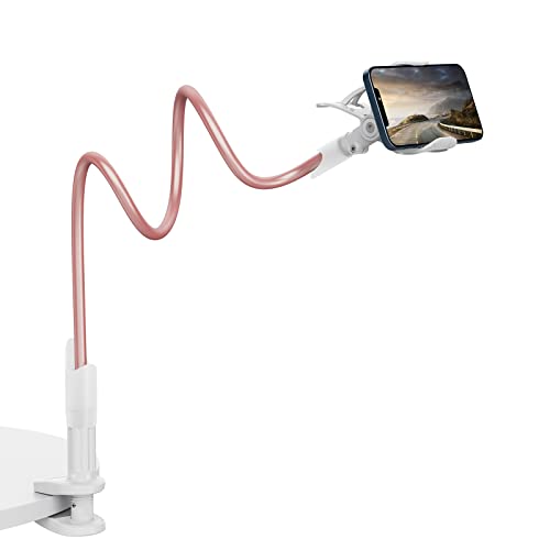 Gooseneck Phone Stand for Bed, SAIJI Lazy Bracket Cell Phone Holder Long Arm Clip Clamp Mount for Filming, Compatible with 4.0-6.5'' Mobile Cell Phone Stand Document Camera Nintendo Switch (Rose Gold)