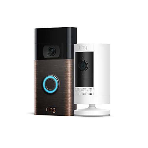 Ring Video Doorbell, Venetian Bronze (2nd Gen) Bundle with Ring Stick Up Cam Battery, White