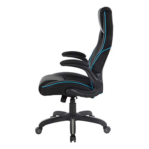 OSP Home Furnishings Xeno Ergonomic Adjustable Faux Leather Gaming Chair with Integrated Headrest and Airflow Cooling Material, Black with Blue Accents