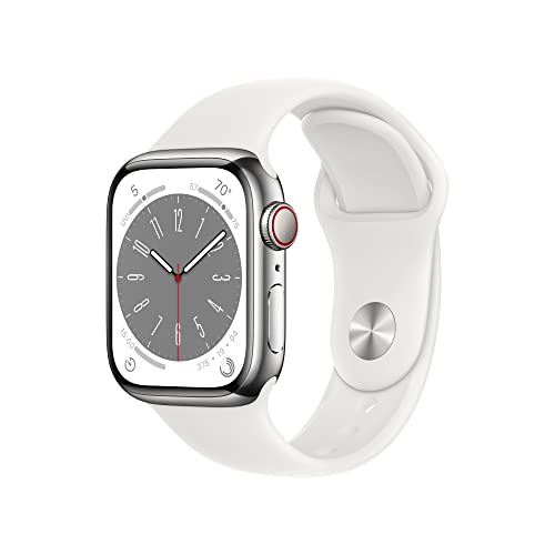 Apple Watch Series 8 [GPS + Cellular 41mm] Smart Watch w/ Silver Stainless Steel Case with White Sport Band - M/L. Fitness Tracker, Blood Oxygen & ECG Apps, Always-On Retina Display, Water Resistant