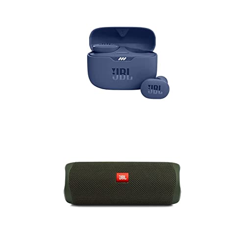 JBL Tune 130NC TWS True Wireless in-Ear Noise Cancelling Headphones - Blue + JBL FLIP 5, Waterproof Portable Bluetooth Speaker, Green