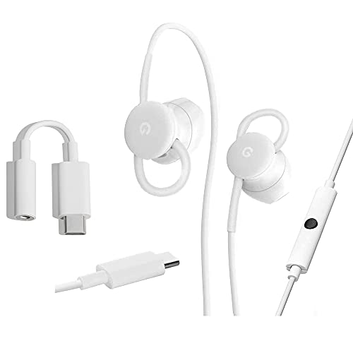 Google Earbuds USB-C Wired Headset Type-C w/Mic and Volume Control + Google USB Type C to 3.5mm Headphone Adapter Pixel, XL, Pixel 2, XL, Pixel 3, Pixel 3XL, Other USB Type-C Phones (Bundle) - White