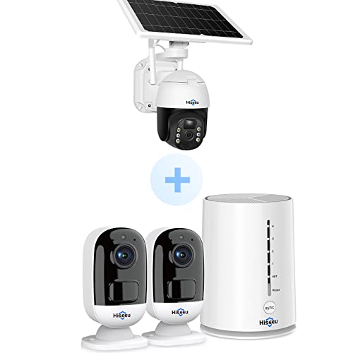 Hiseeu Wireless Security Camera System Outdoor, 2k Home Security Camera for Indoor, 100%Wire-Free＆ Hiseeu 2K 3MP Solar Battery Powered WiFi PTZ Camera Outdoor/Home Camera,2-Way Audio Full Color.