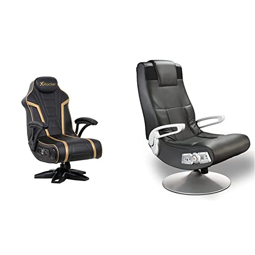 X Rocker 5152301 Trident Pedestal 4.1 Wireless, 31.89" x 25.98" x 40.55", Black/Gold & Wireless Pedestal SE 2.1 PC Office Gaming Chair, 30.7" x 23.2" x 39.76", Black