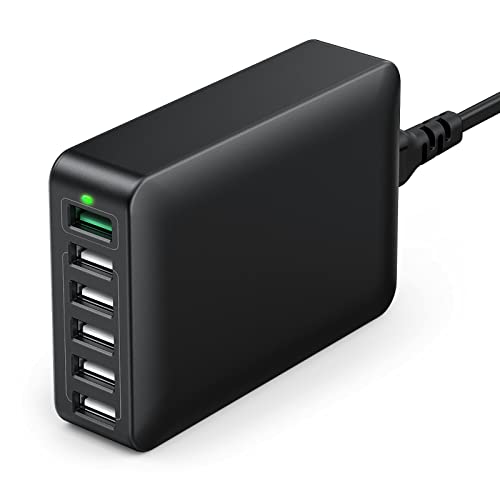 60W USB Charger QC 3.0 6-Port USB Charging Station Fast Desktop USB Charging Hub with Multi Port Compatible with iPhone 13 Pro Max Mini 12 Pro Max 11 X SE iPad Pro Air Galaxy S21 Note Tablet Black