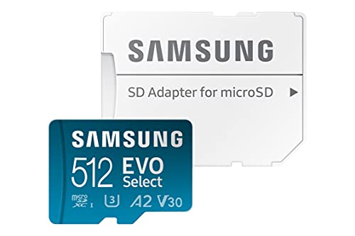 SAMSUNG EVO Select Micro SD-Memory-Card + Adapter, 512GB microSDXC 130MB/s Full HD & 4K UHD, UHS-I, U3, A2, V30, Expanded Storage for Android Smartphones, Tablets, Nintendo-Switch (MB-ME512KA/AM)