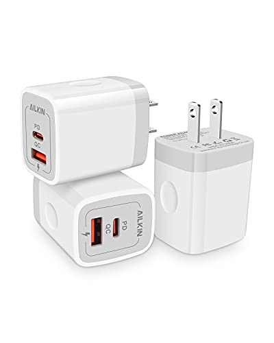 3Pack Dual Port USB-C Wall Plug-in USB Charger, AILKIN 20W Power Delivery + QC3.0 USB A Double Port Fast Charging Block for iPhone 14 13 12 Pro Max 14 Pro 12 Mini 14 11 Pro Max 14 Plus 11 SE X XS Cube