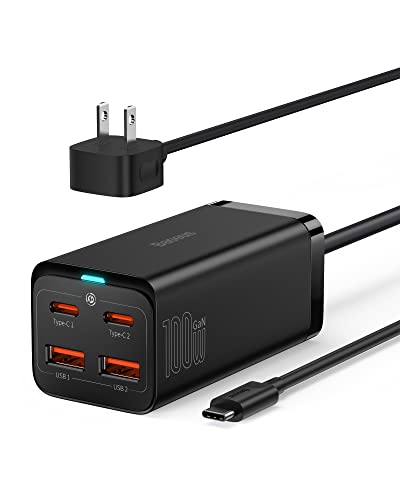 USB C Charger, Baseus 100W PD GaN3 Fast Wall Charger Block, 4-Ports [2USB-C + 2USB] Charging Station with 5ft AC Cable for MacBook Pro/Air, USB-C Laptop, iPhone 13/12, iPad Pro, Samsung Galaxy, etc