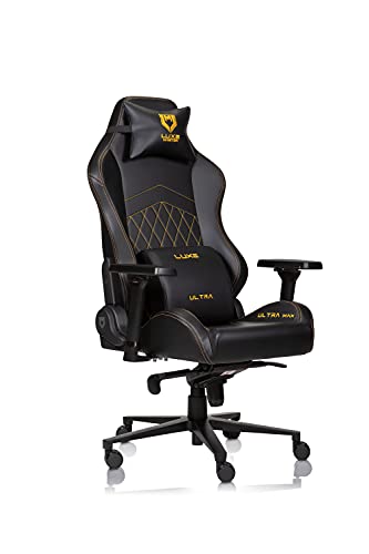 Luxe Ultra Max Gaming Chair and Desk Chair- Black Body with Black Side seat Panels and Gold Stitching