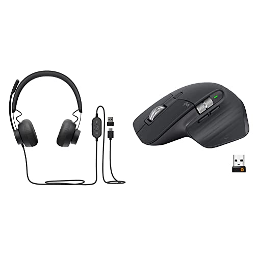 Logitech Zone Wired Noise Cancelling Headset, Graphite & MX Master 3 Advanced Wireless Mouse, Ultrafast Scrolling, Ergonomic, 4000 DPI, Customization - Graphite