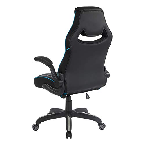 OSP Home Furnishings Xeno Ergonomic Adjustable Faux Leather Gaming Chair with Integrated Headrest and Airflow Cooling Material, Black with Blue Accents